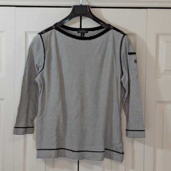 Lauren Ralph Lauren Striped Bateau-Neck Tee Black and White - Size XL - Picture 1 of 14